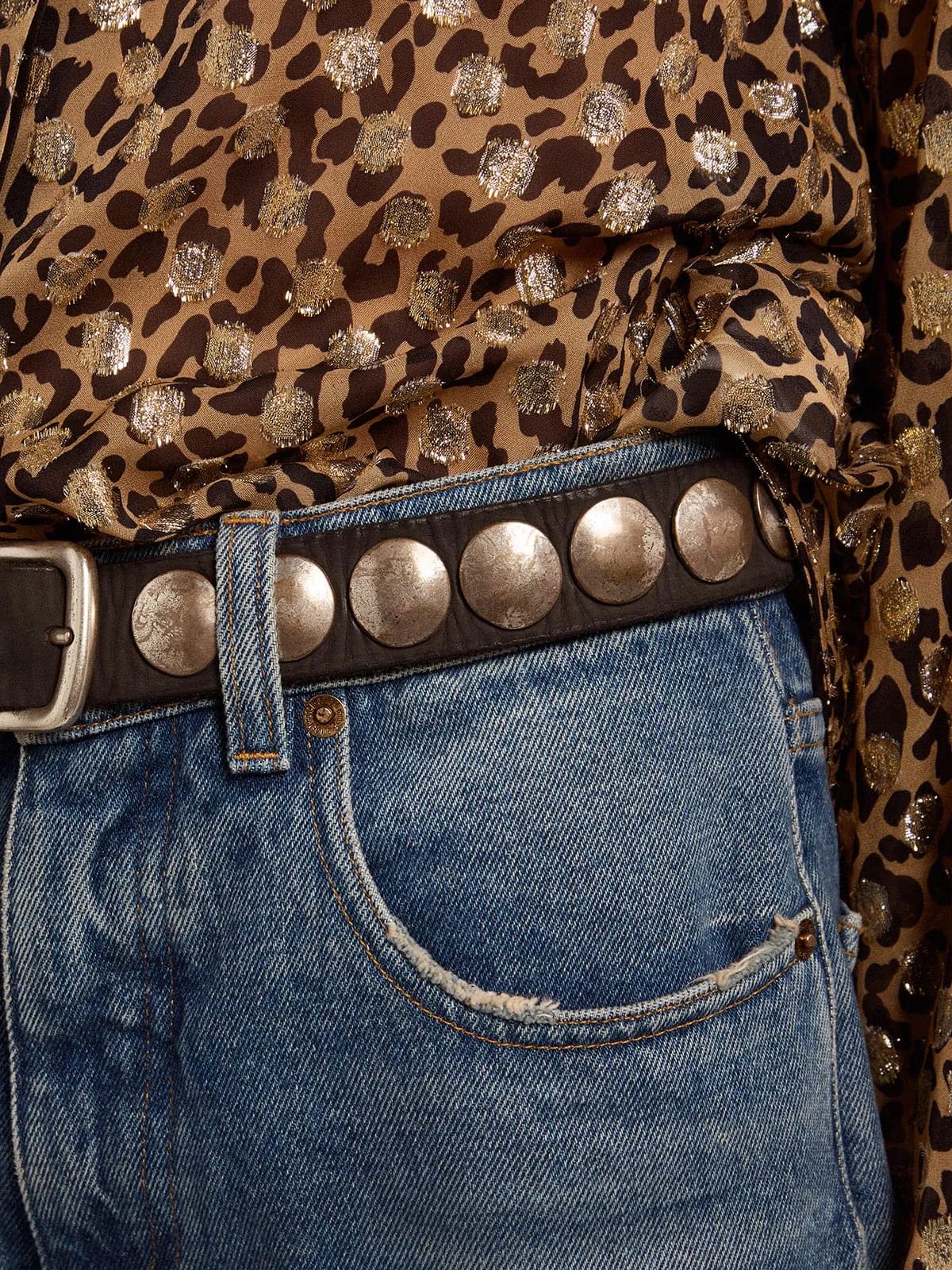 Ceinture Trinidad noire femme en cuir lavé avec cabochons argentés | Golden Goose