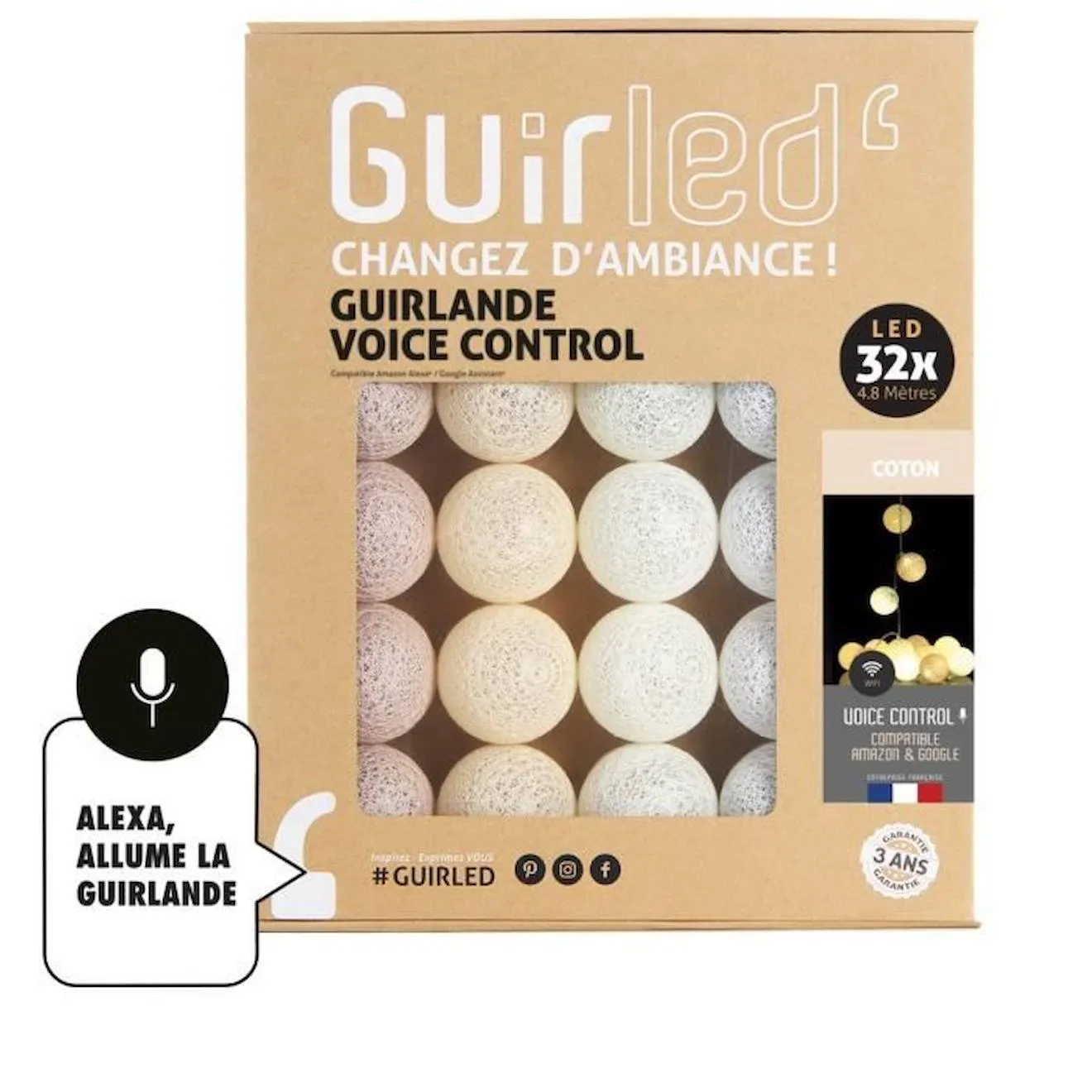Coton Commande Vocale Guirlande lumineuse boules coton Google & Alexa beige - Guirled