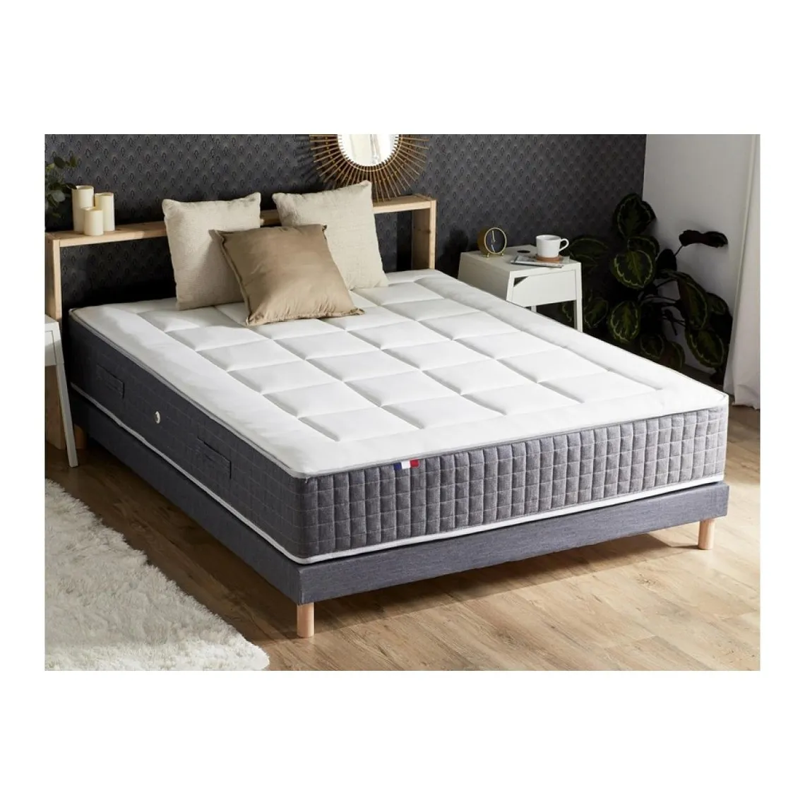 Ensemble Matelas Ressort 7 Zones KISTO + Mémoire De Forme + Sommier Bleu Denim LEO Fabriqué En France | 3 Suisses