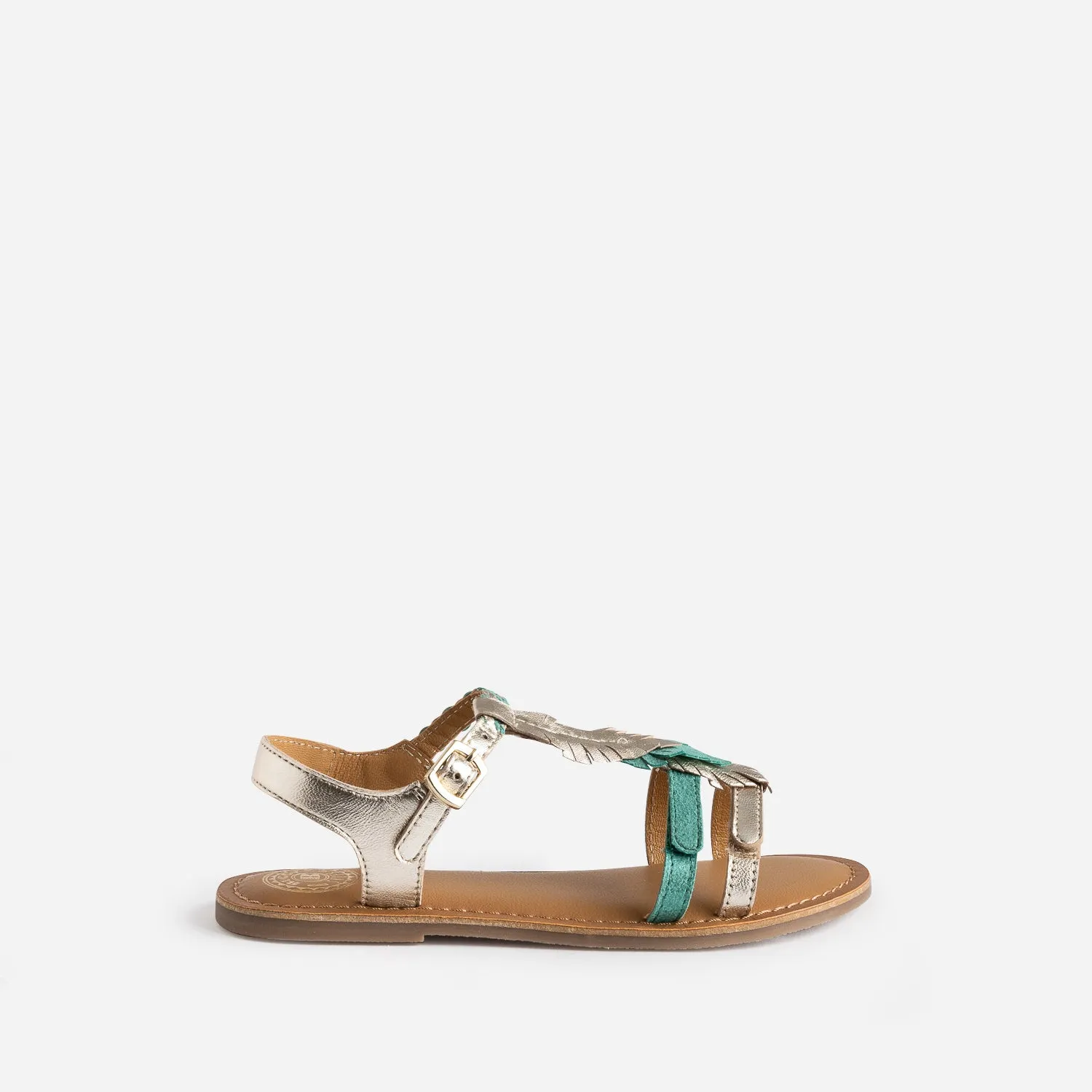 Sandale BUGGY cuir turquoise et dorée plumes - Sandales Enfant | ERAM