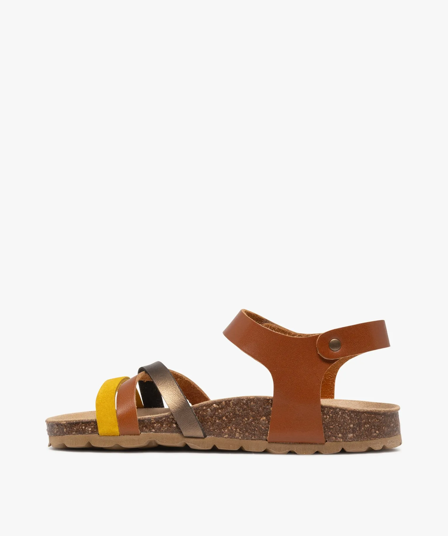 sandales fille en cuir avec brides croisees contrastees et a scratch orange
